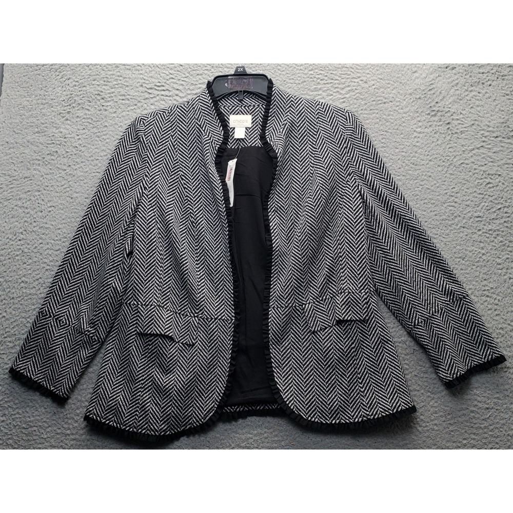 Chico's Blazer Jacket Womens Size M Multi Herringbone Chevron Stretch Open Front